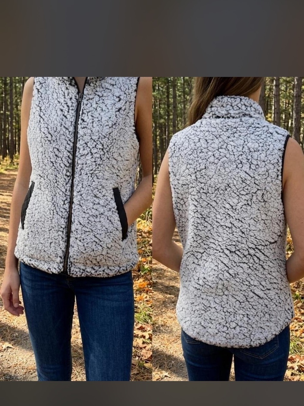 Studio 1940 Cream Sherpa Zip Vest with Black Trim